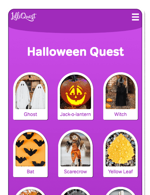 Screenshot of Halloween quest, featuring items like pumpkins, bats, ghosts, witches, leaves, and more