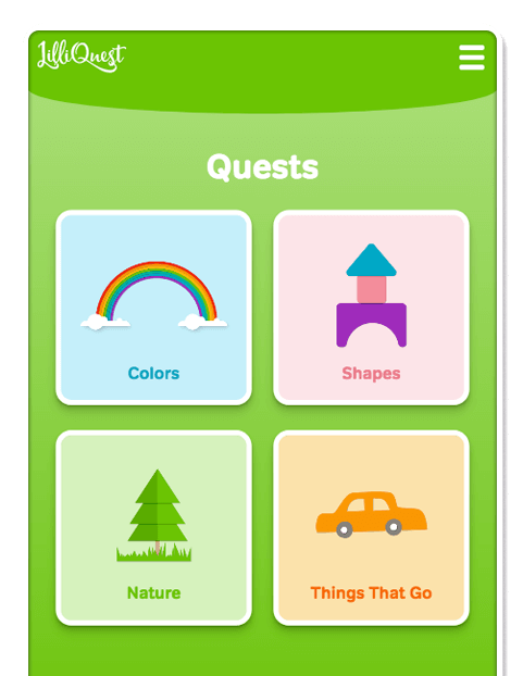 quests-screenshot Screenshot of LilliQuest home screen featuring some of the quests such as Colors, Shapes, Nature, and Things that Go