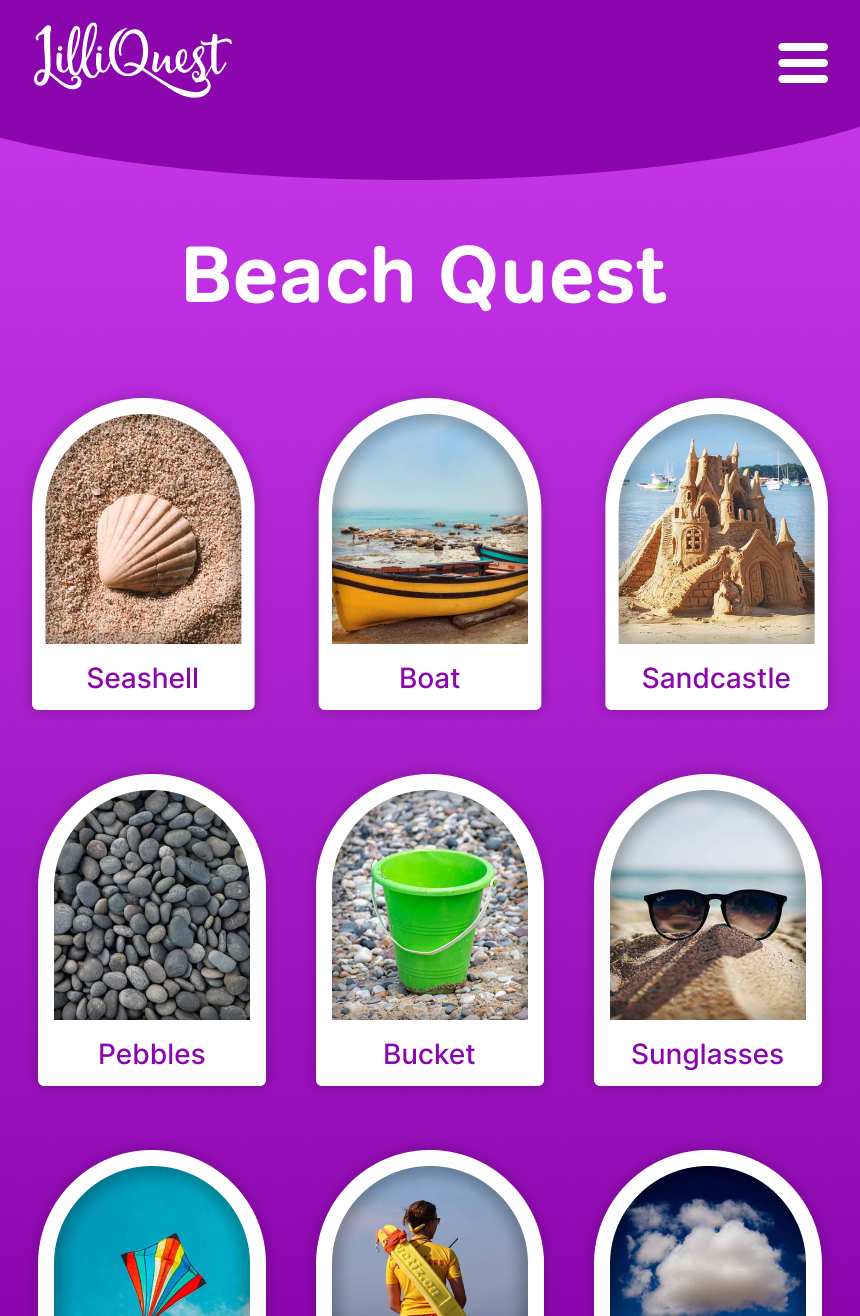 Beach Quest Beach quest showing items like seashells, boats, sandcastles, and more