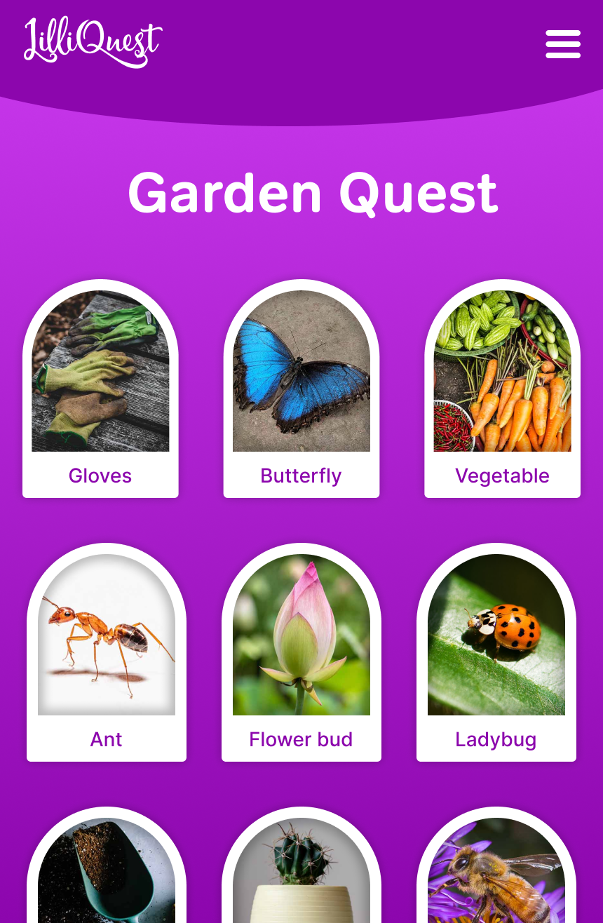 Garden Quest Screenshot of Garden Quest including items like gloves, butterfly, vegetable, ant, flower bud, ladybug, and more