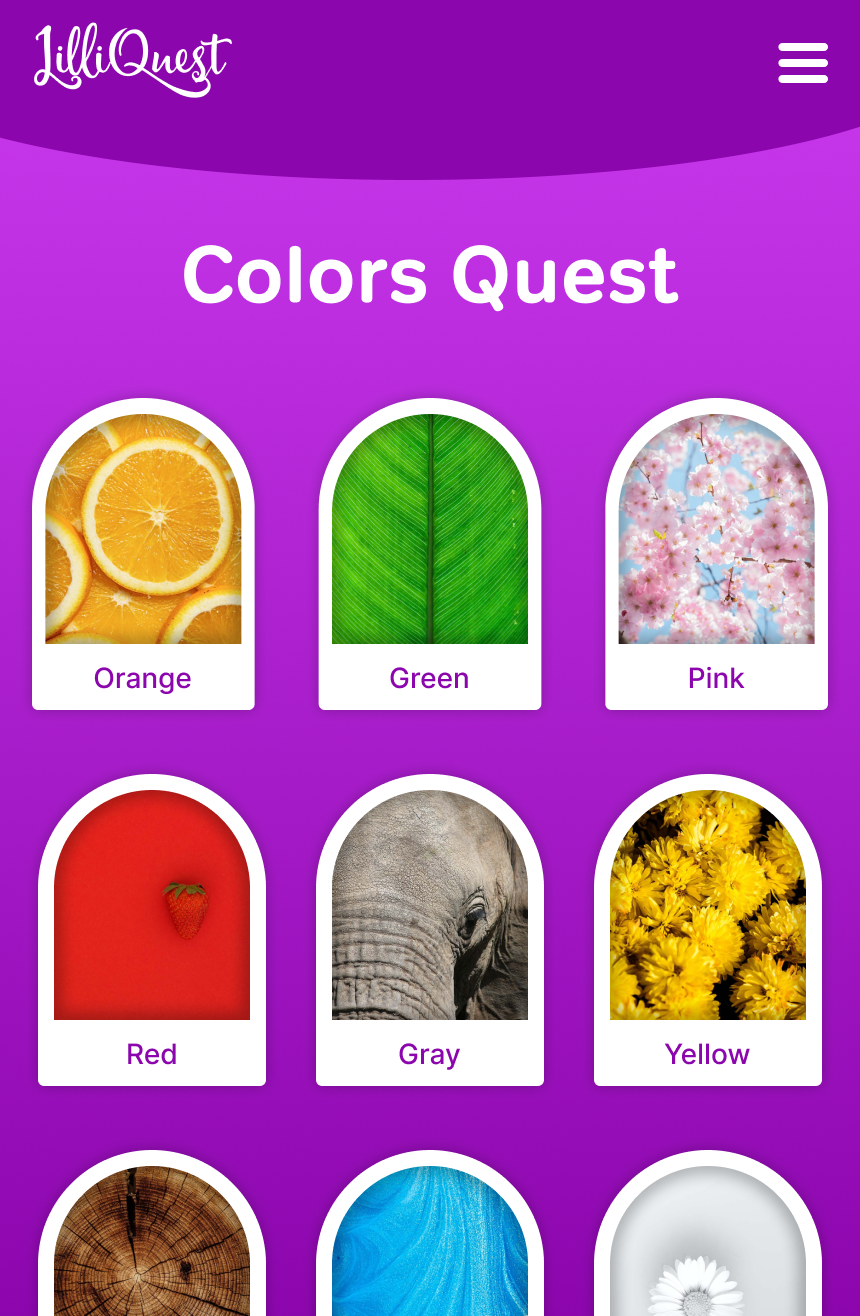 Screenshot of Colors Quest, including finding items that are orange, green, pink, red, yellow and more